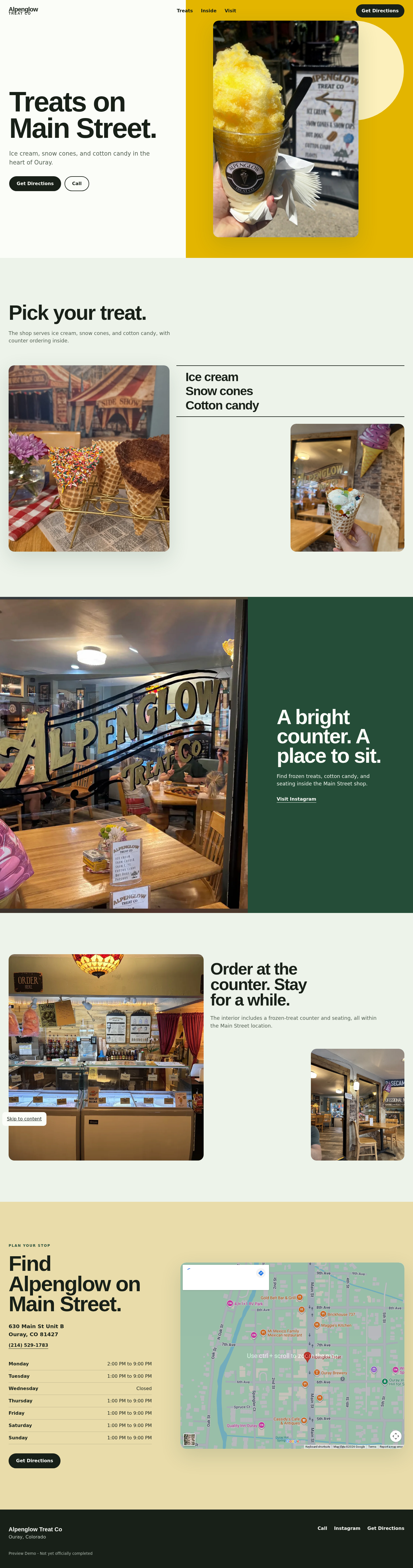 Alpenglow Treat Co website concept hero