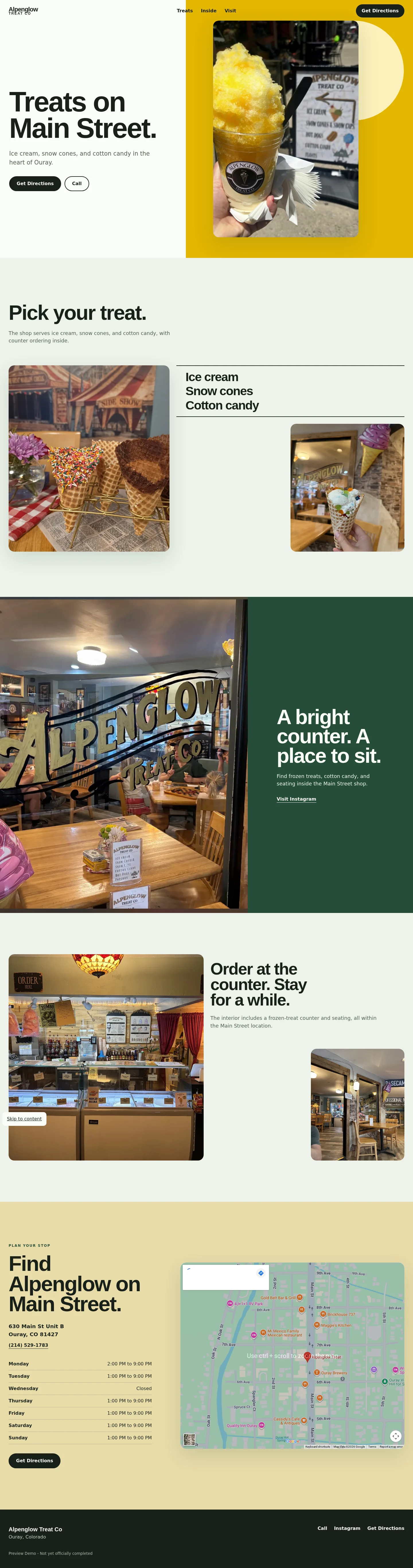 Alpenglow Treat Co website concept hero