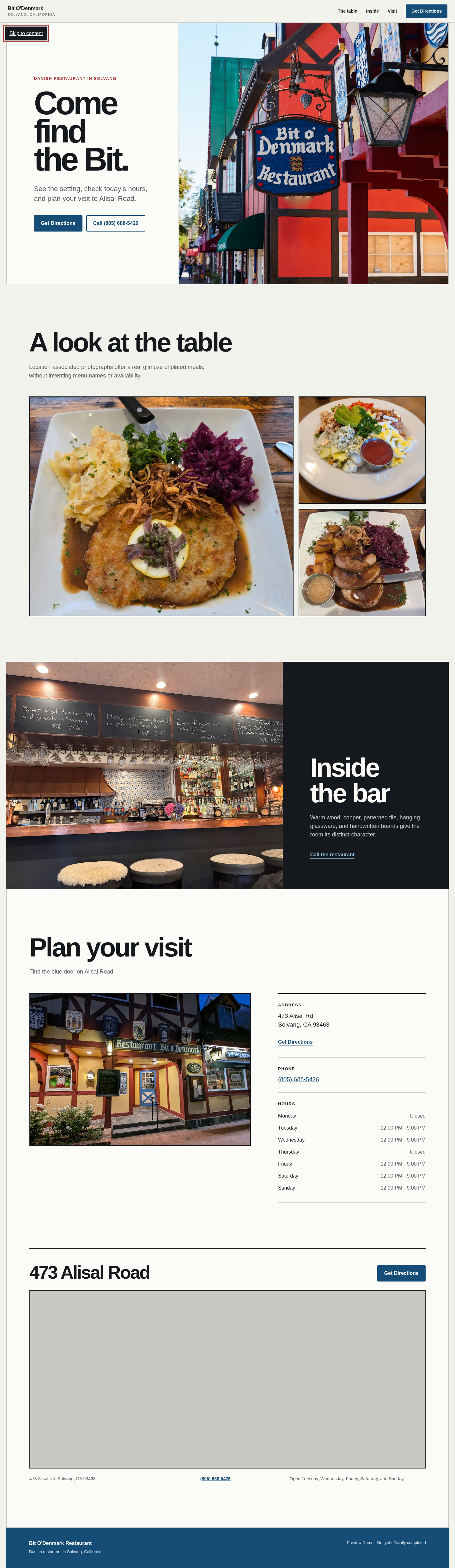 Bit O Denmark restaurant website concept hero