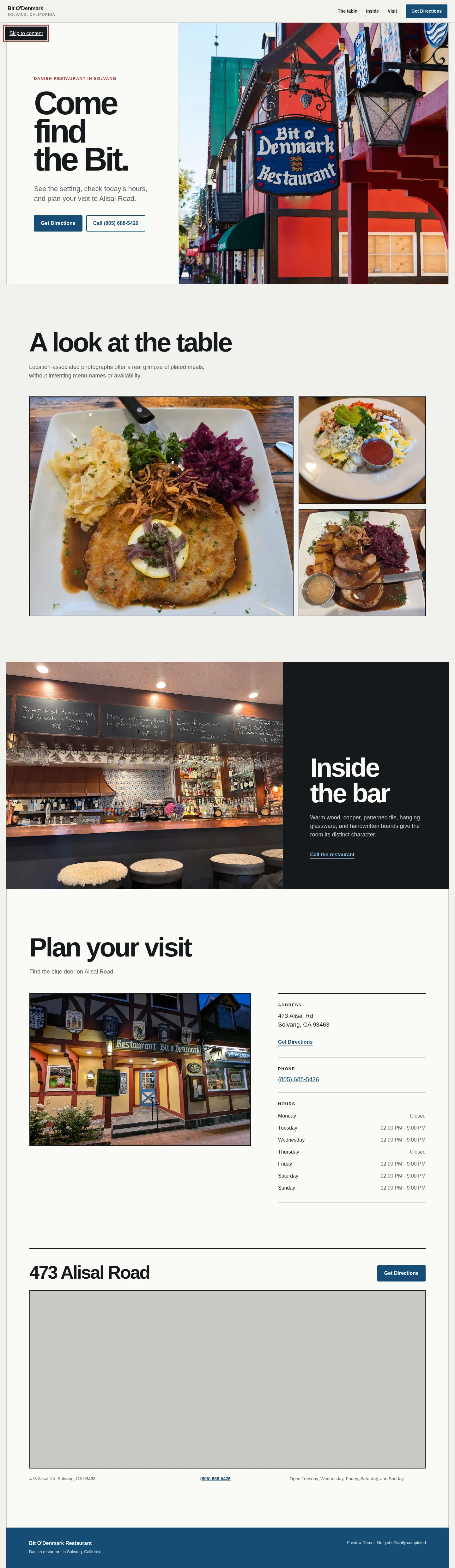 Bit O Denmark restaurant website concept hero