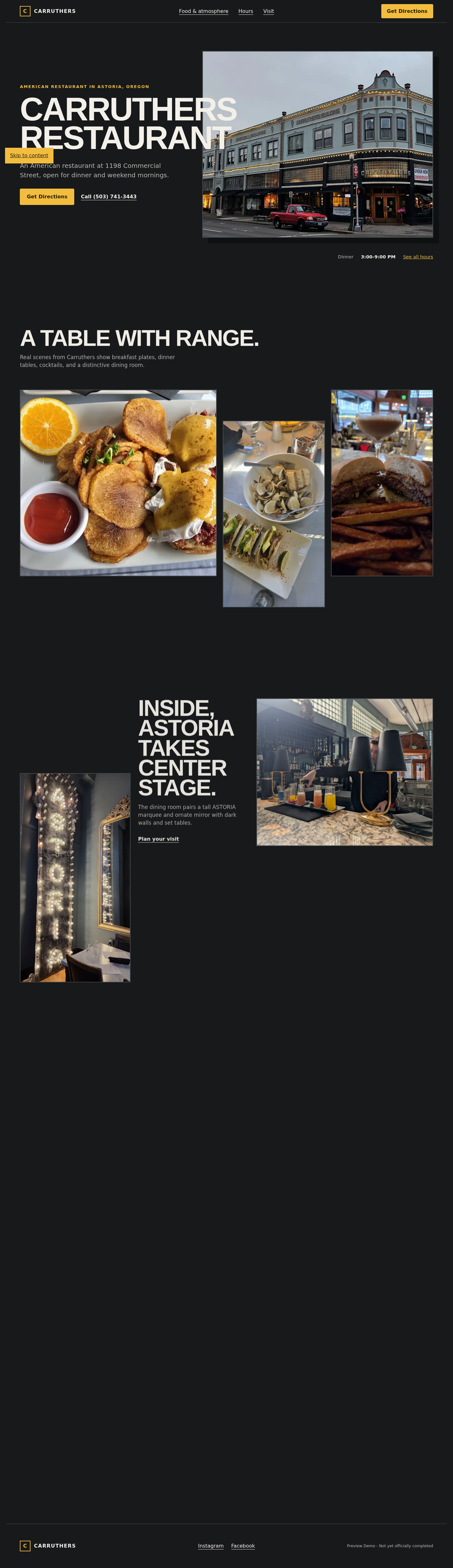 Carruthers restaurant website concept hero