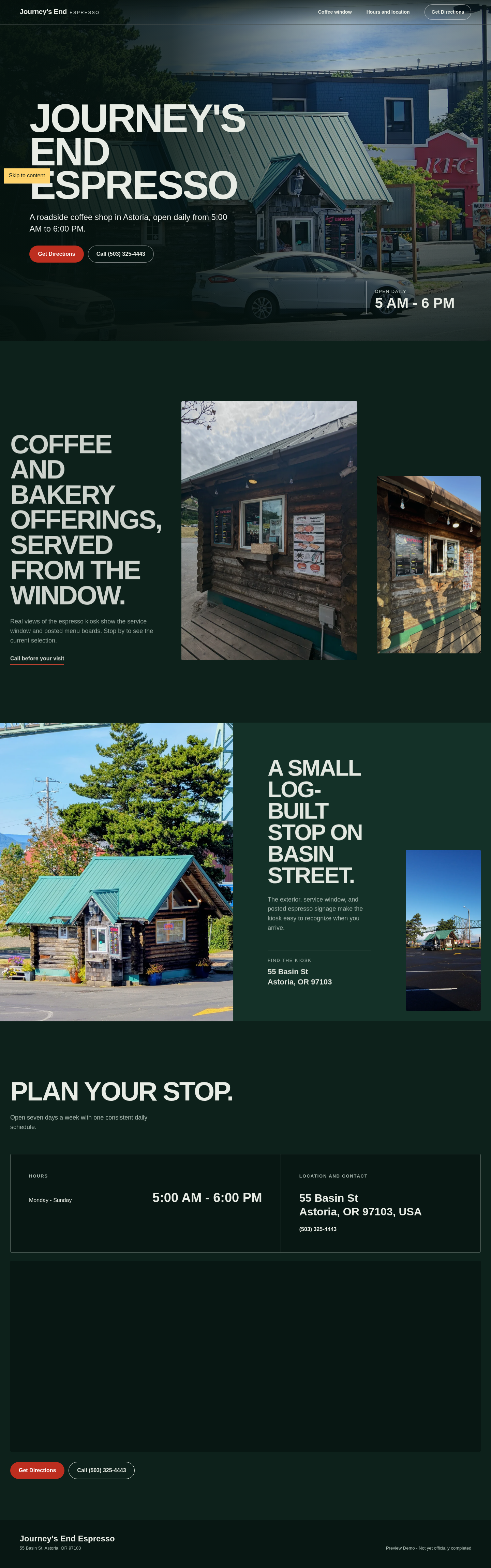 Journey’s End Espresso website concept hero