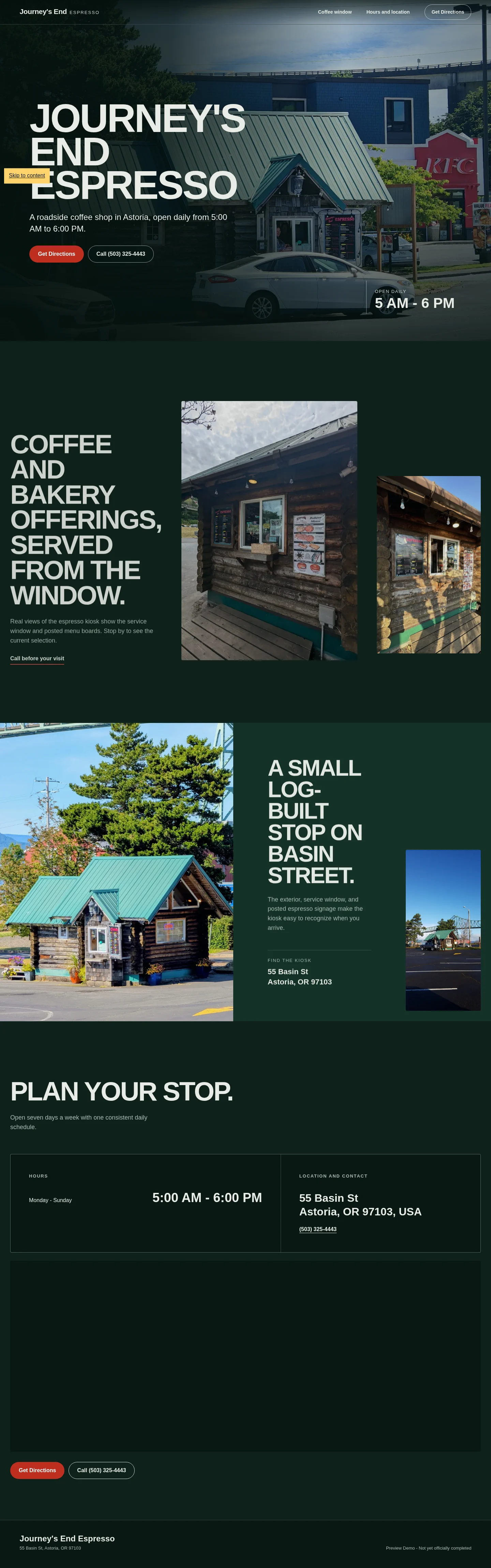 Journey’s End Espresso website concept hero