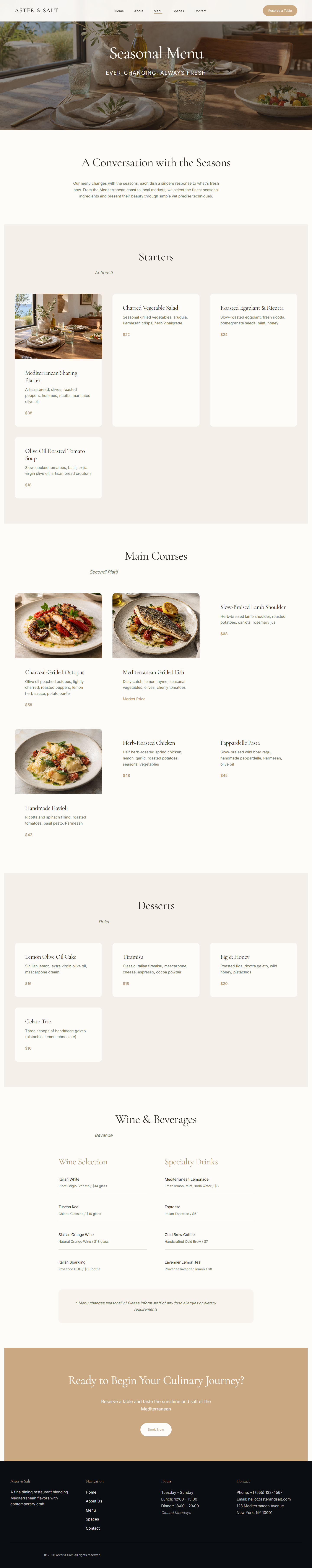 Aster & Salt Website - Menu Page